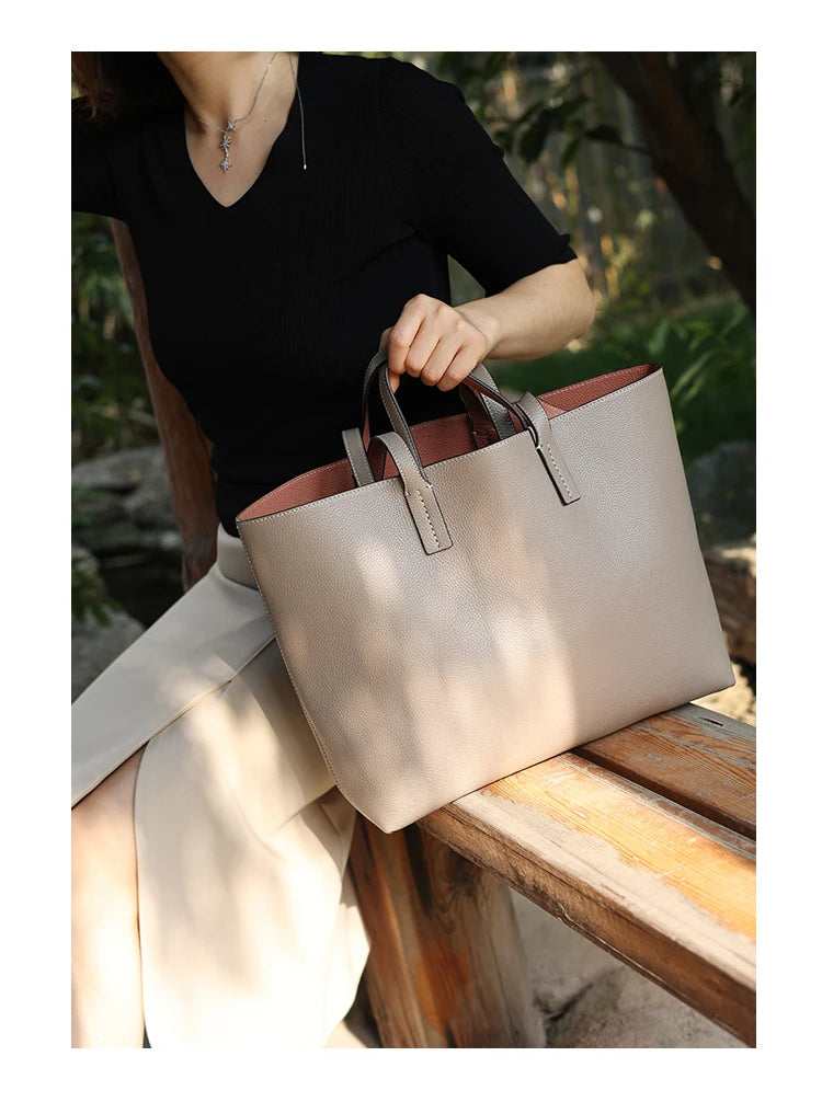 Women Luxury Genuine Leather Tote Soft Cowhide Handbag Two Sides Available Using Shoulder Bags Versatile And Durable