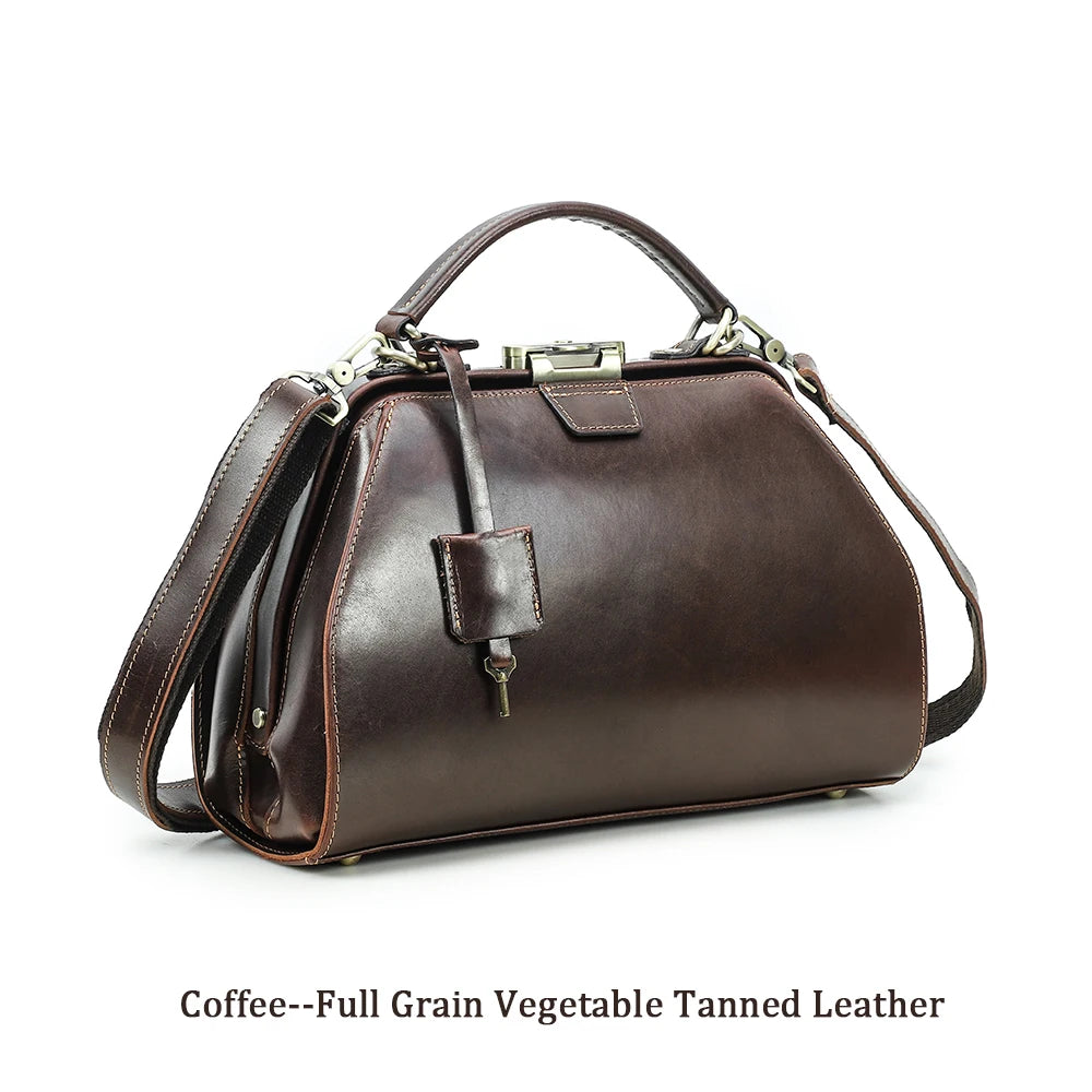 Coffee brown full-grain leather doctor satchel bag with vintage brass lock and detachable crossbody strap.