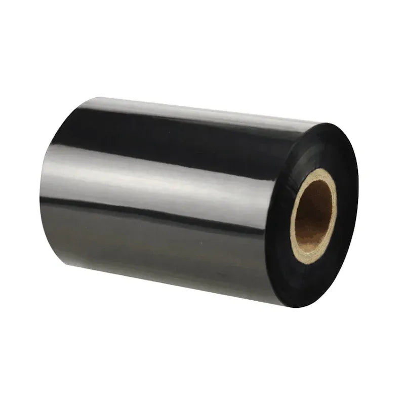 Black resin thermal transfer ribbon roll on core, metallic silver outer