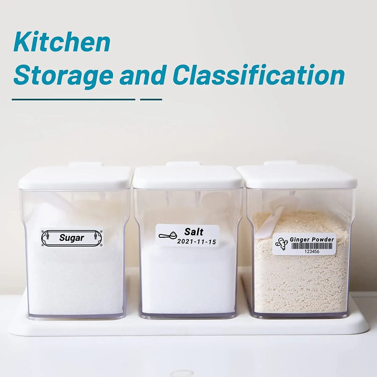 White thermal labels on kitchen storage containers for labeling ingredients