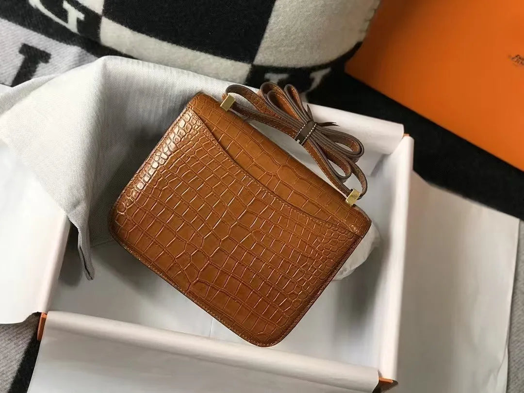 H Brand brown genuine leather alligator pattern compact shoulder bag with gold hardware in a gift box.