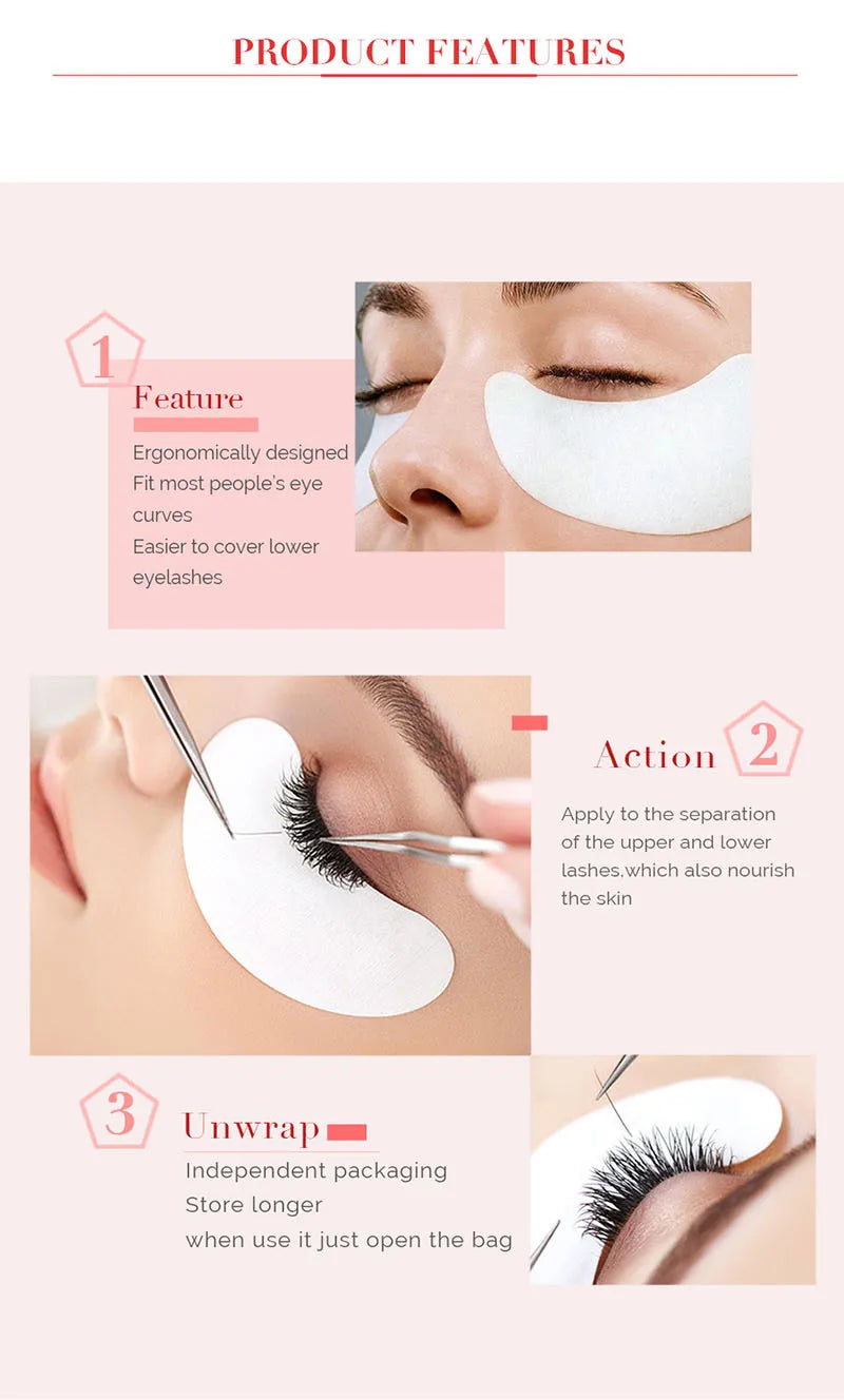 White hydrogel under-eye patches for eyelash extensions, shown being applied to skin during lash application.