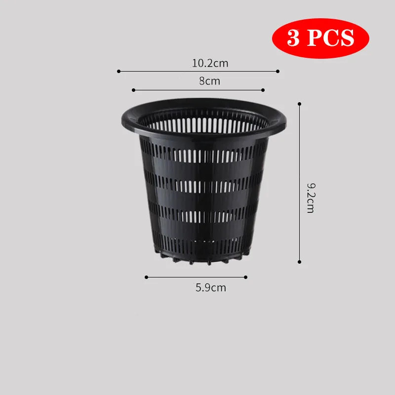 Black plastic mesh hydroponics net cup, 3-pack, 5.9cm wide and 9.2cm tall