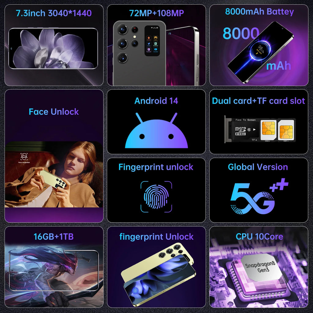 Tidesmit 5G Android 14 Smartphone, 7.3" OLED, 16GB RAM, 1TB Storage Tidesmit