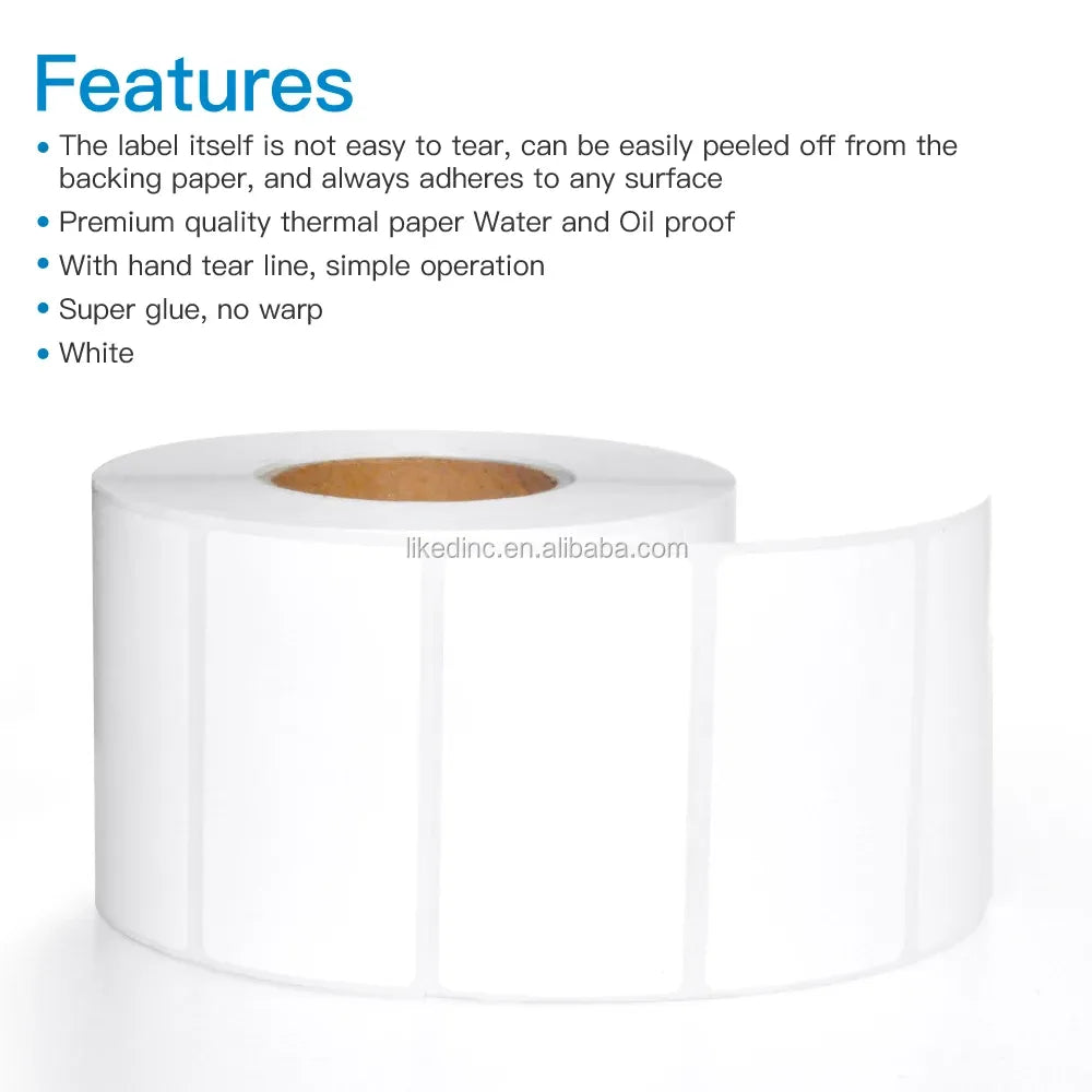 White thermal label roll with blank labels and listed feature bullets