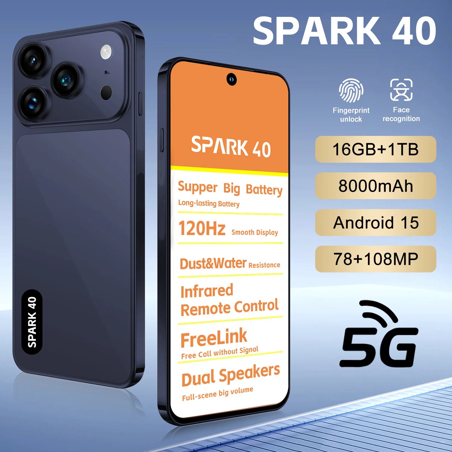 SPARK 40 5G unlocked smartphone with 78MP and 108MP dual cameras and large 8000mAh battery view five