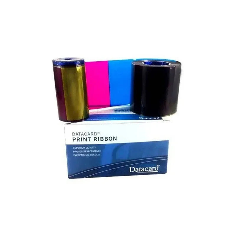 Color print ribbon rolls with Datacard box; black, blue, magenta and gold bands