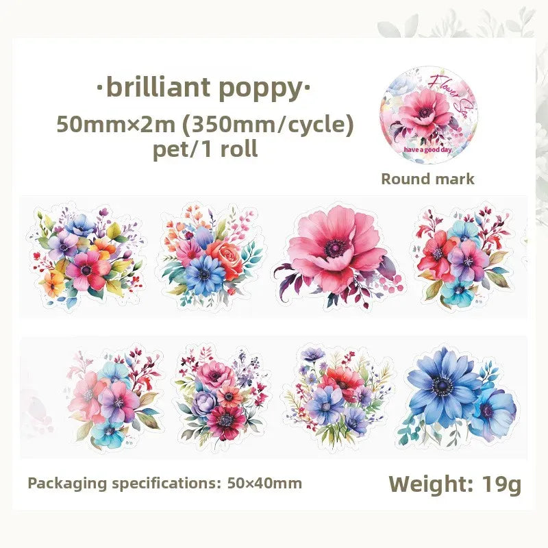 Waterproof PET masking tape roll with brilliant poppy round flower stickers, 50mmx2m
