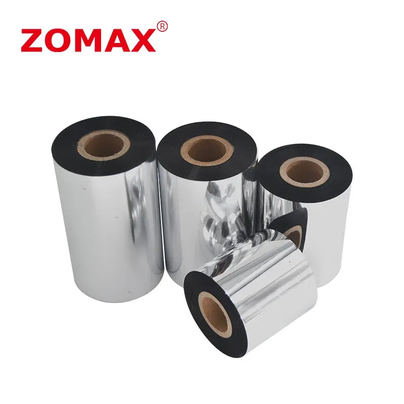 Black thermal transfer ribbon rolls with black center cores, set of four pieces.