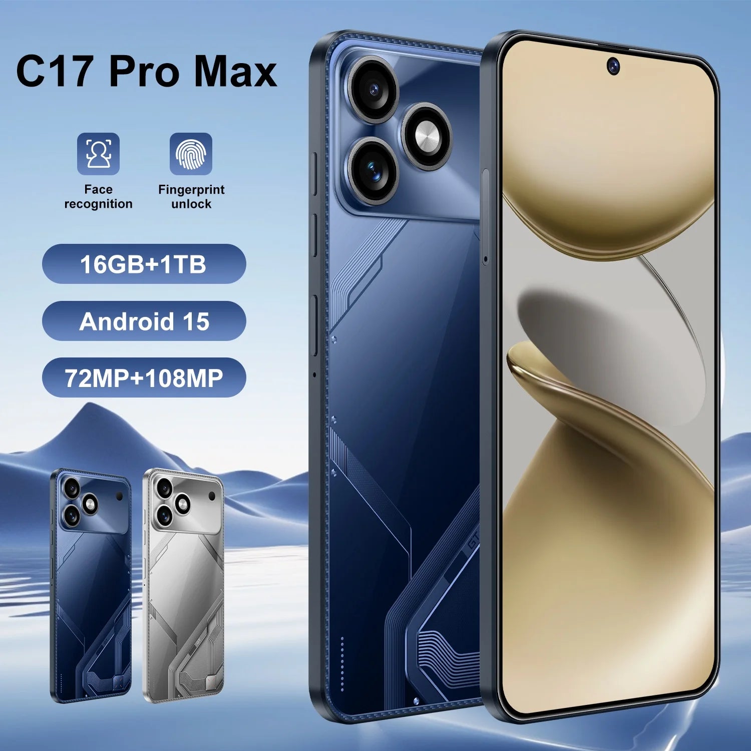 Tidesmit C17Pro 5G smartphone with 16GB RAM, 1TB storage, 7.3 inch display, and 8000mAh battery.