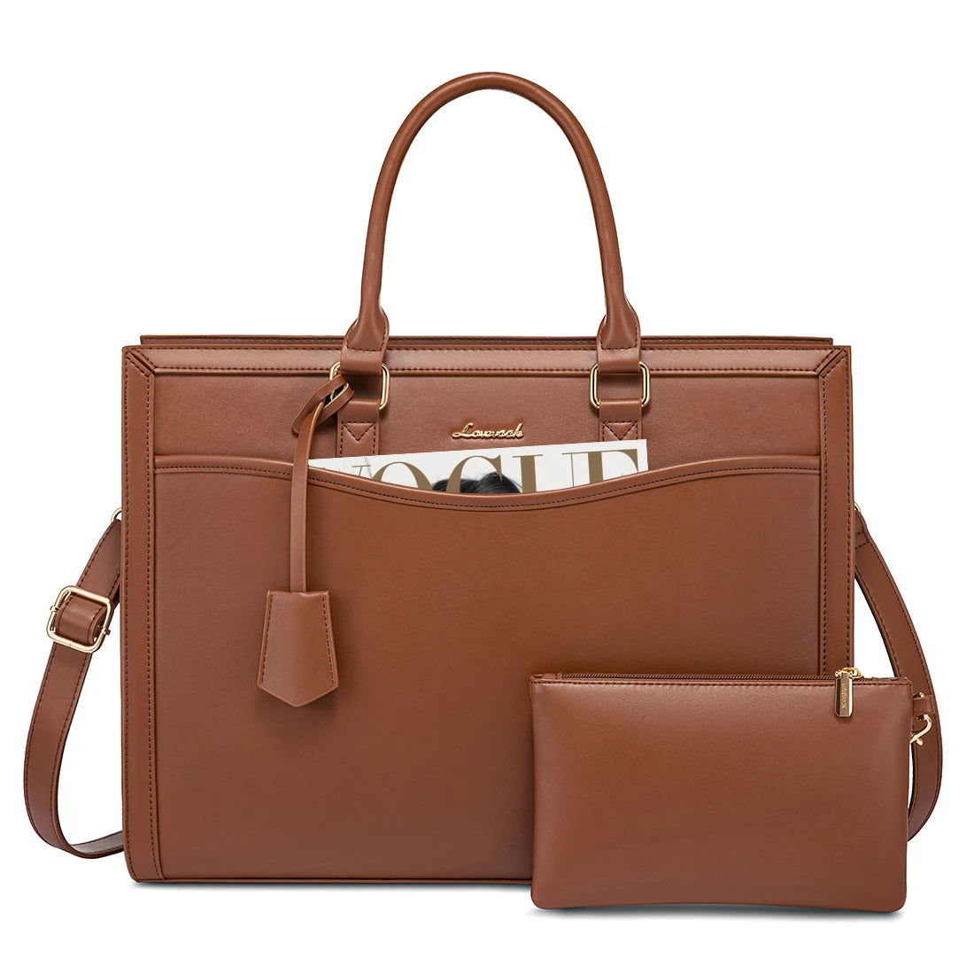 LOVEVOOK brown leather designer laptop tote bag for women with matching wristlet, shoulder strap, and gold hardware.