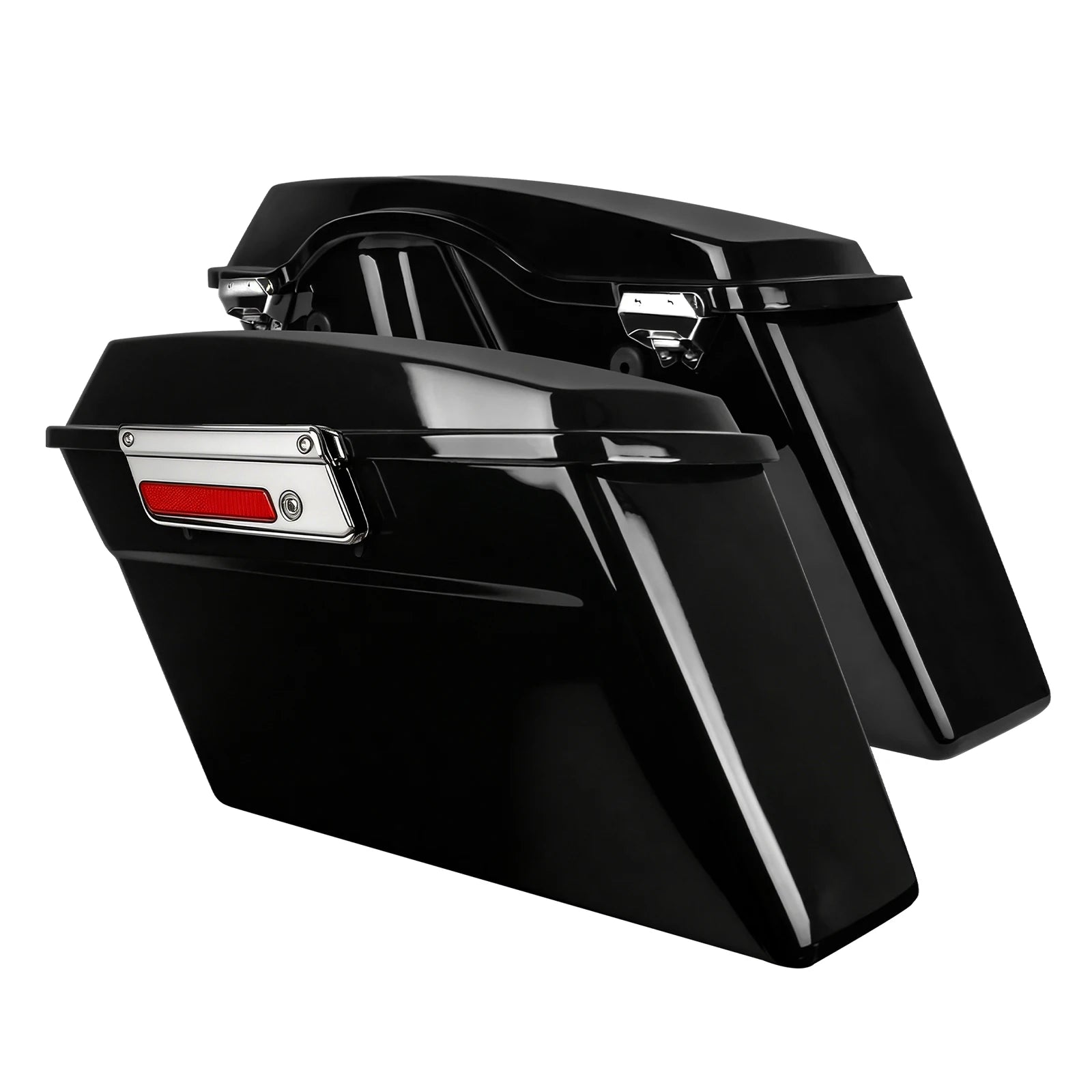 Glossy black hard saddlebag trunks for Harley Touring with chrome latches and red reflectors.