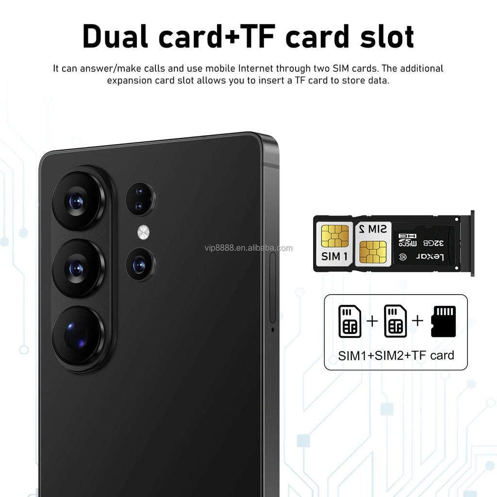 Tidesmit S26 Ultra 5G smartphone with 22GB RAM, 2TB storage, Android 15, and 7.3-inch display, dual SIM unlocked.