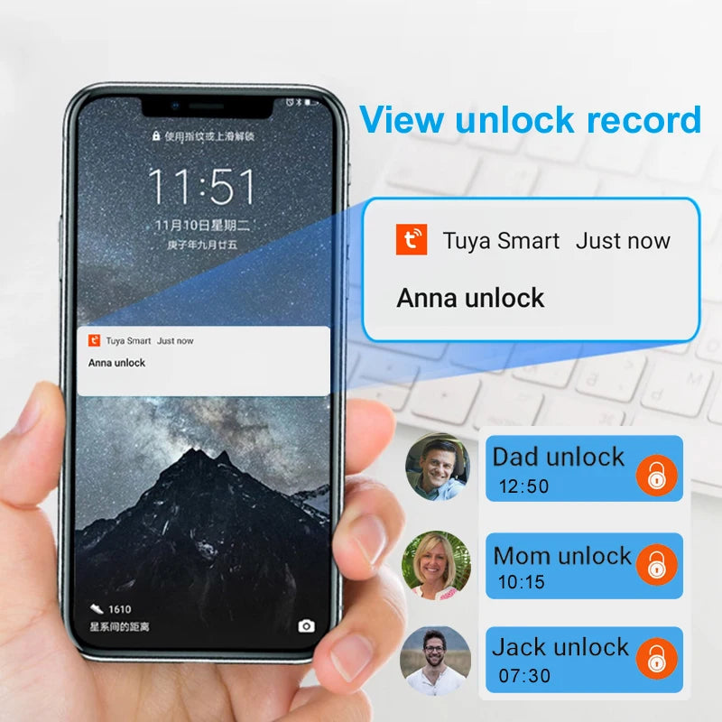 Tuya Fingerprint Padlock Bluetooth Smart Home Door Lock 20 Groups Fingerprint Safe Backup Key USB Charging For Home House Garage
