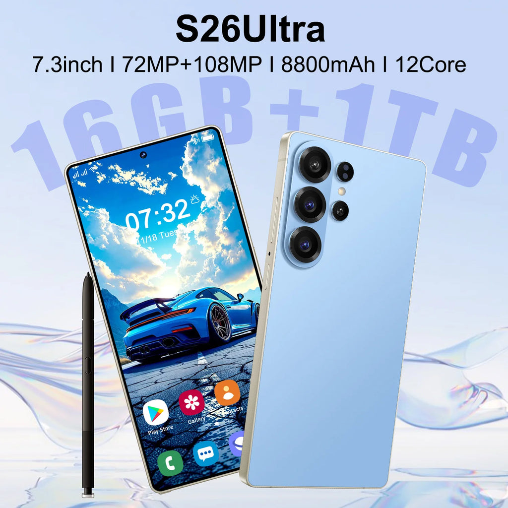 S26 Ultra 5G smartphone with 7.3-inch display and 1TB storage showing face recognition unlock feature