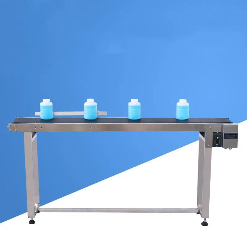 Height-adjustable conveyor belt machine with PVC belt and side control box, bottles