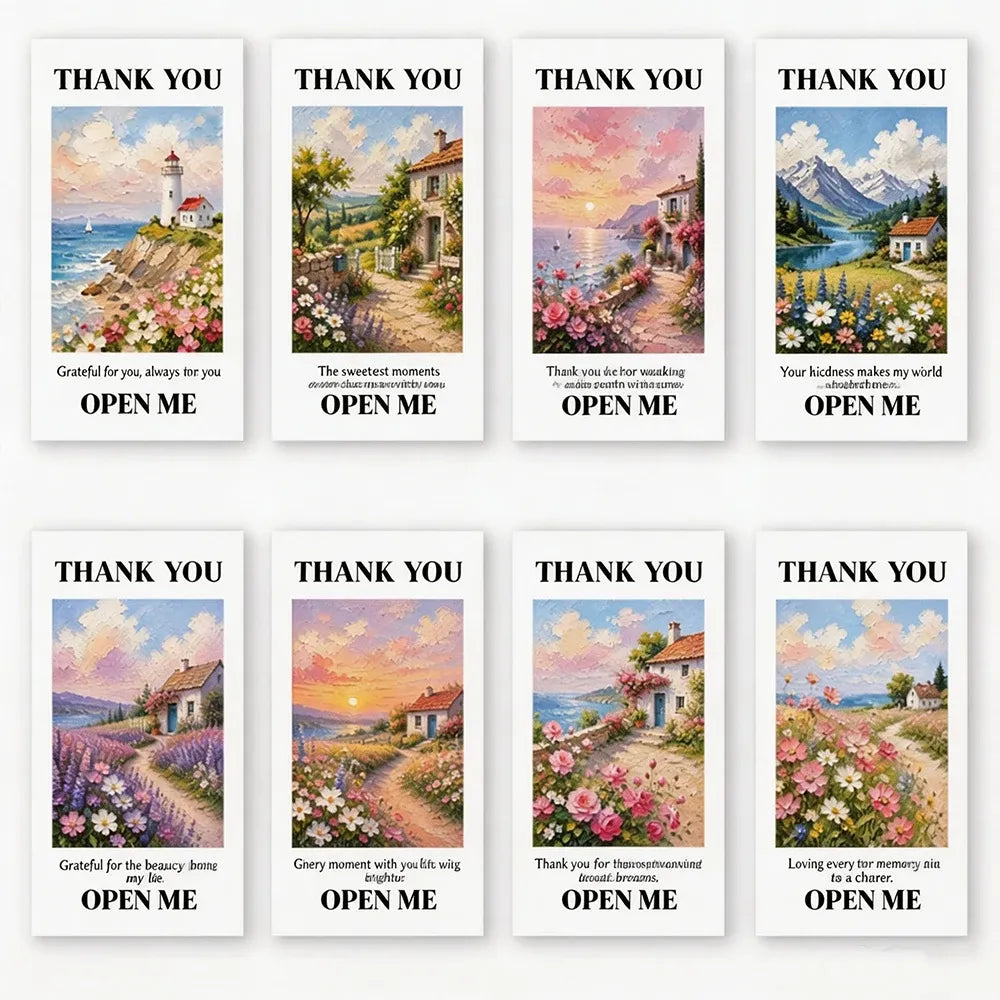 Set of landscape scene thank-you seal stickers featuring "OPEN ME" text