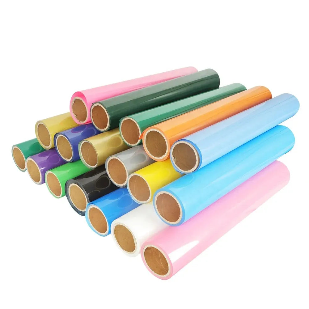 Assorted heat transfer vinyl rolls in pink, blue, green, yellow and more