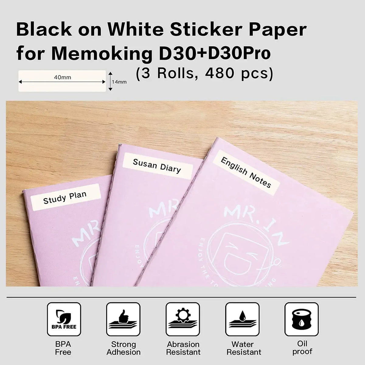 White thermal label paper with black text, 14x40mm label size