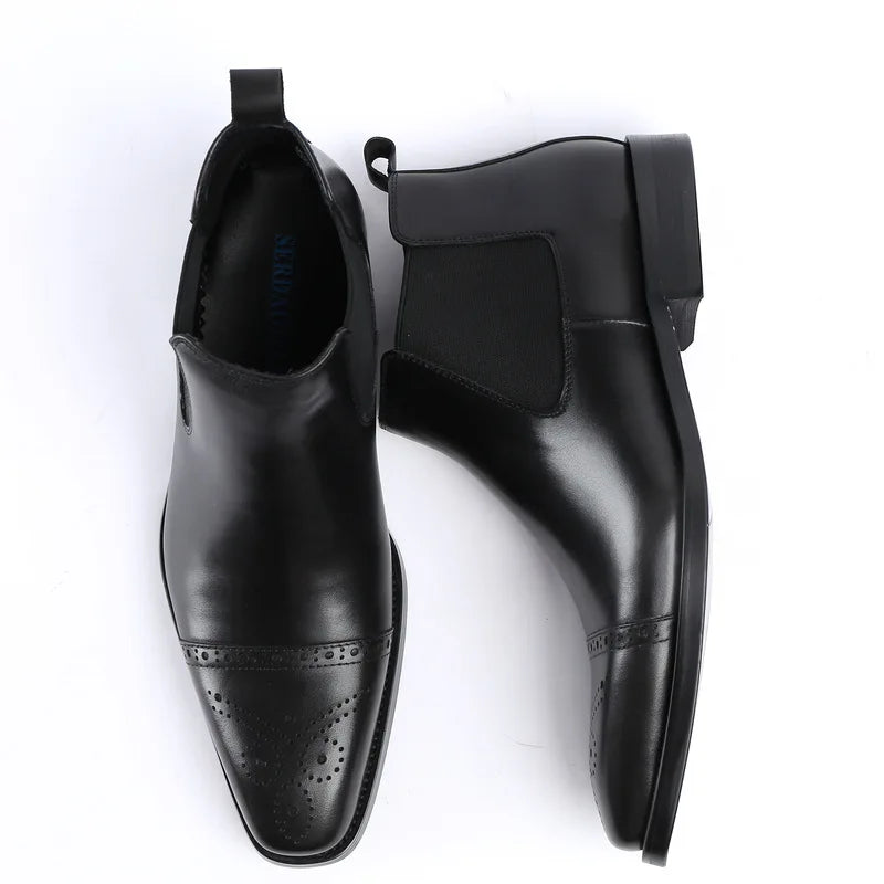 2026 New Men's Sleeve Short Boots British Pointed Carved Genuine Leather Business Formal High Top Leather Shoes