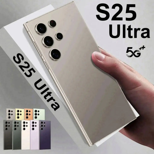 Gold 7.3-inch smartphone back and side view with quad cameras and stylus