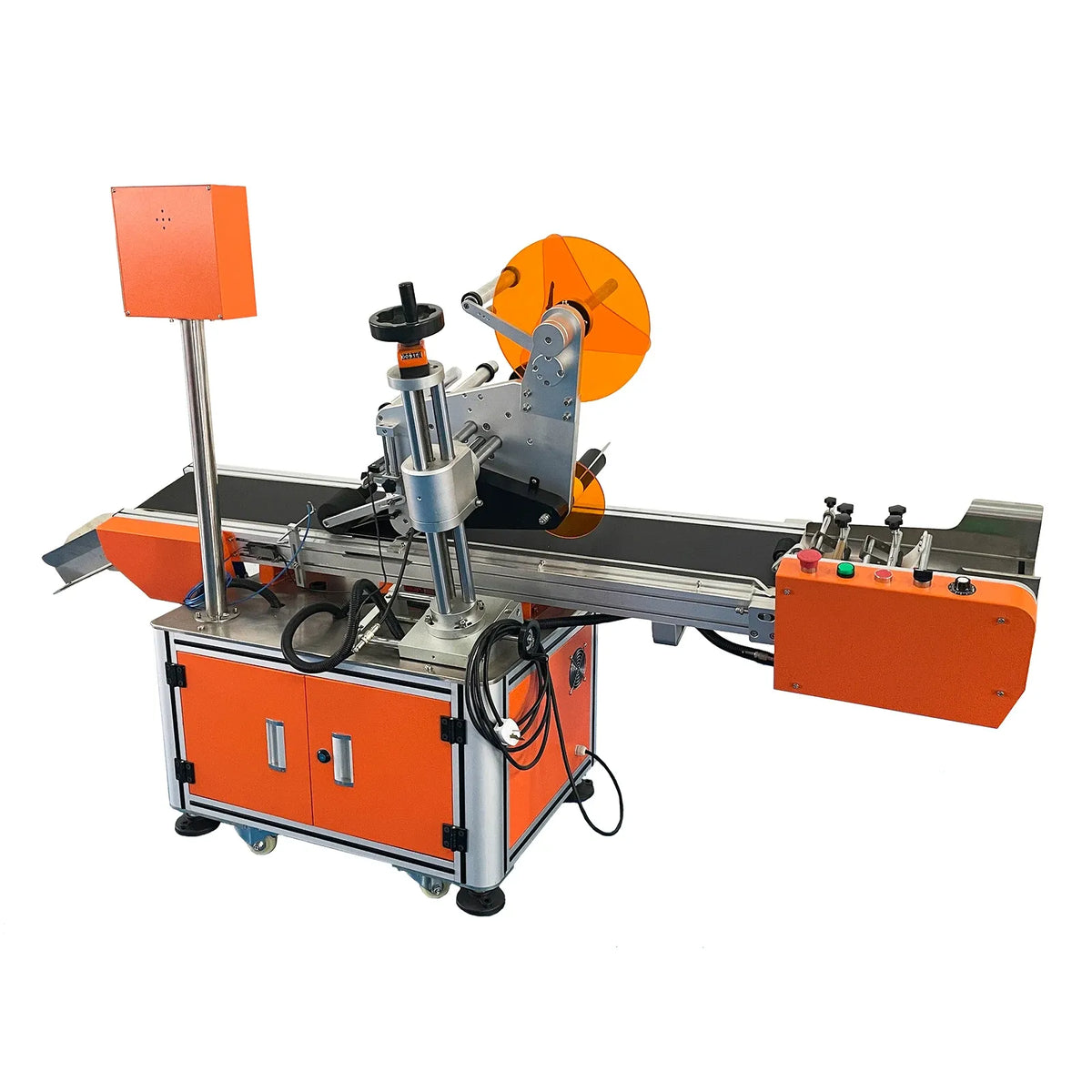 Label applicator machine with large orange reel, vertical print head, and side label chute