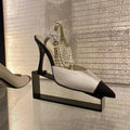 2026 Summer New Pointed High Heels Color Blocked Pearl Chain Toe Women's Sandals