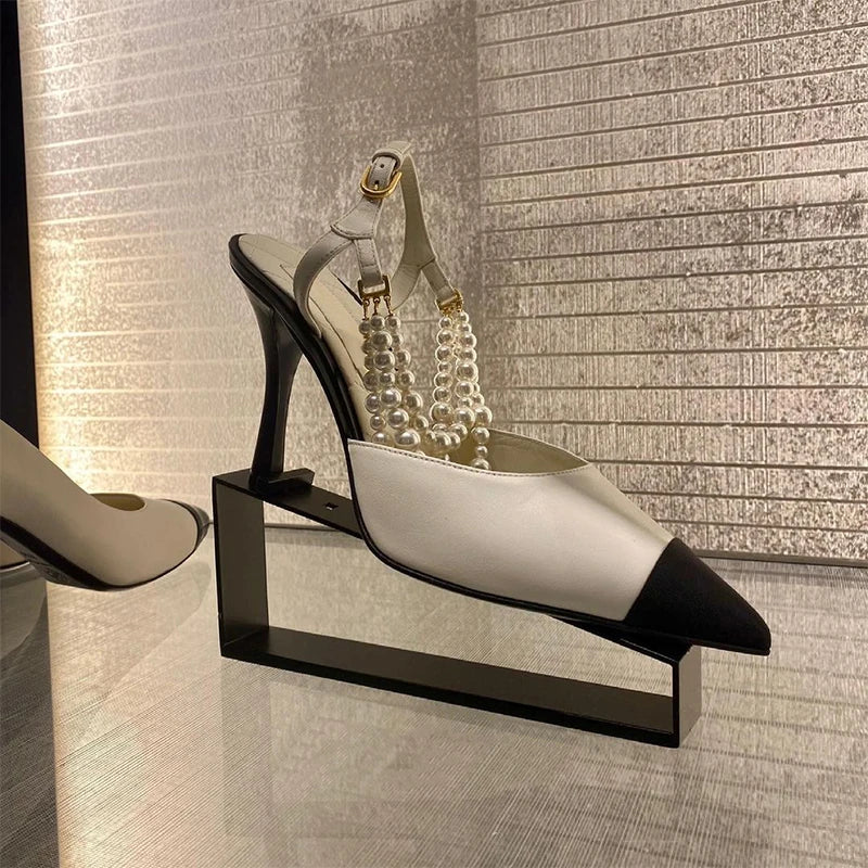 2026 Summer New Pointed High Heels Color Blocked Pearl Chain Toe Women's Sandals