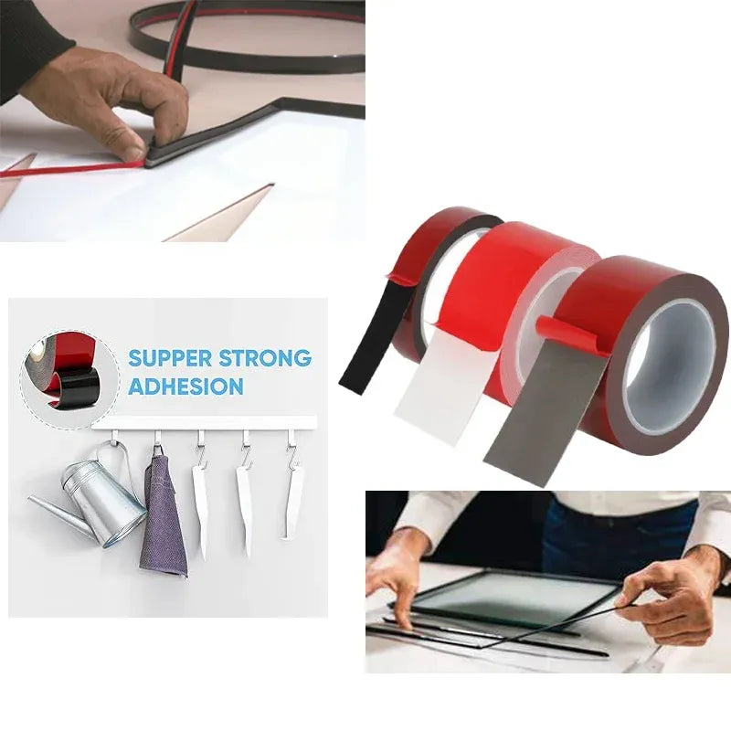 Red and gray double-sided foam tape rolls with backing and adhesive layers visible
