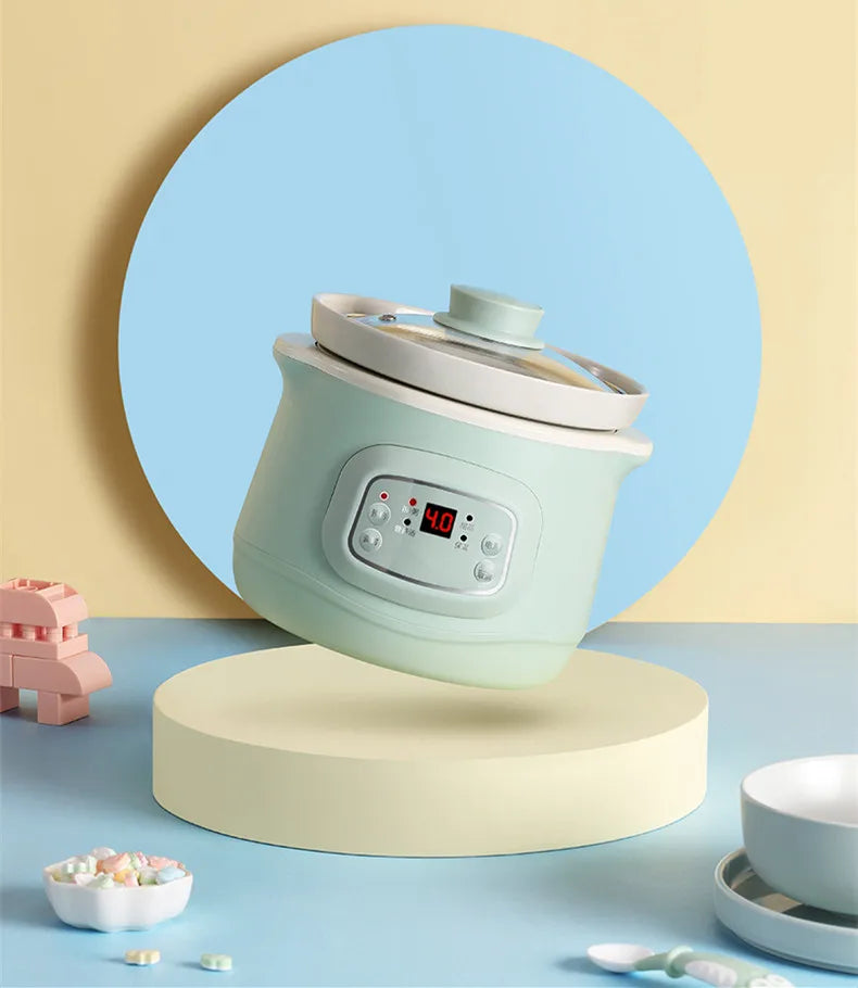 Mint electric slow cooker with glass lid, round display window with heat level