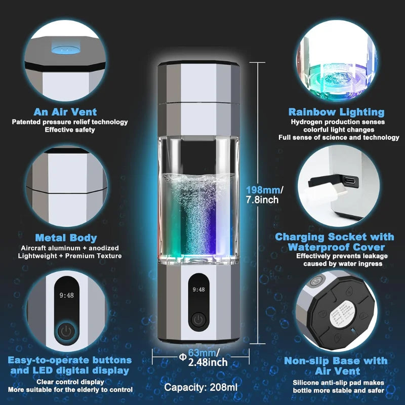 Custom Smart 200ML Hydrogen Ion Water Bottle with 10000ppb Generator USB/Battery for Household Outdoor Use Tidesmit