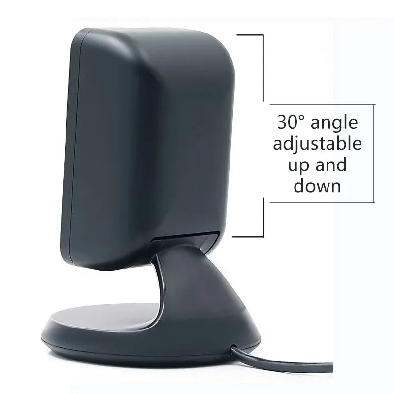 Black desktop barcode scanner with adjustable 30-degree head and round base stand