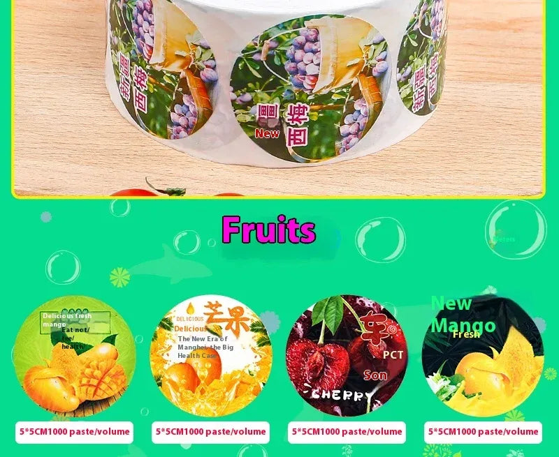 Adhesive label sticker roll with round mango, cherry, and fruit graphic labels