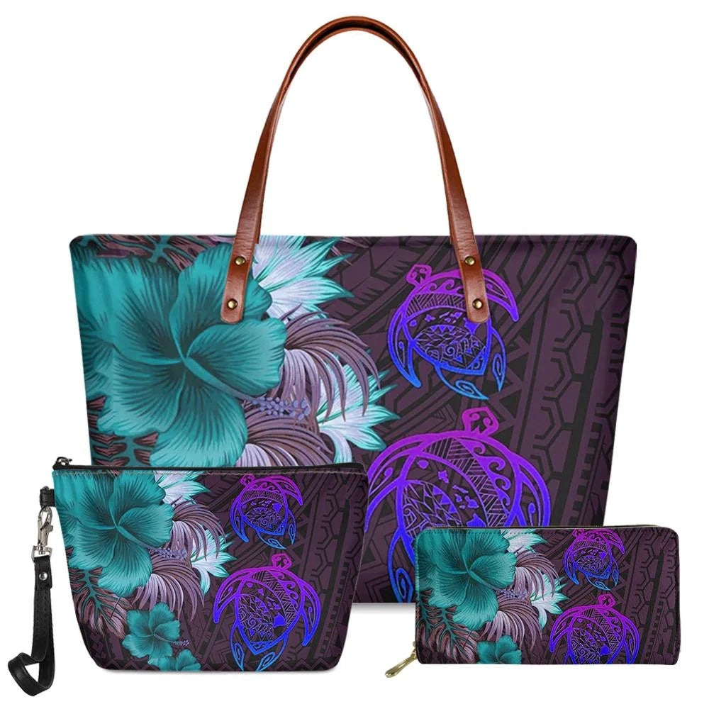 3pc handbag set, purple Polynesian tribal turtle and teal floral print with brown leather handles, fashion tote style.
