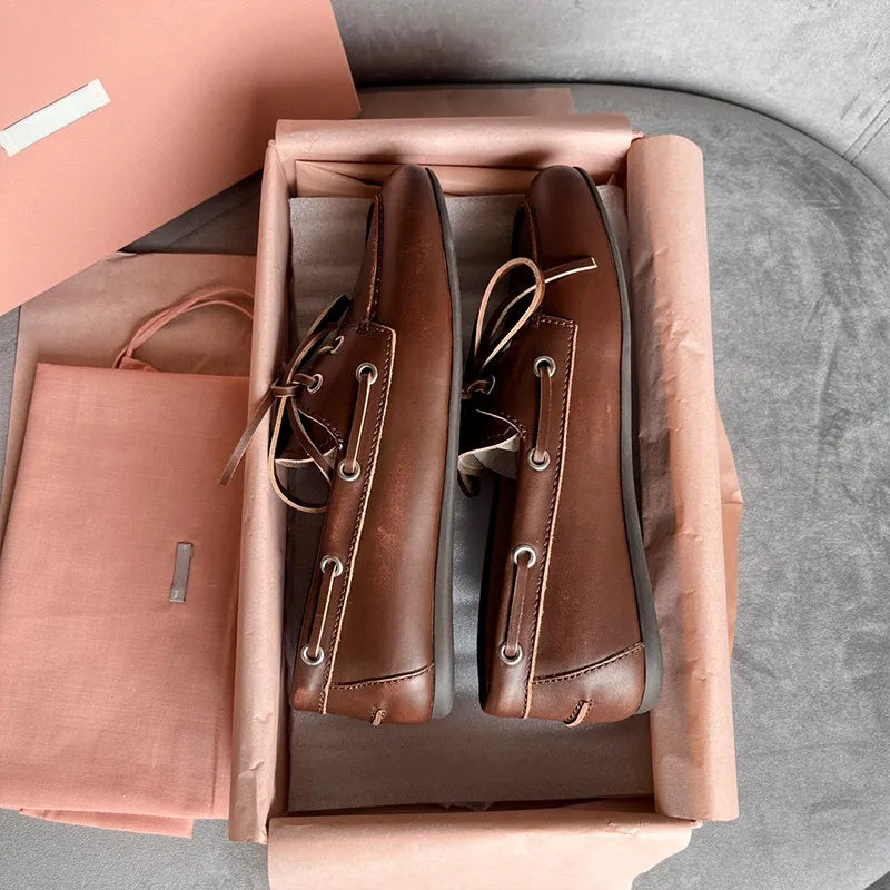 Hot Selling Spring Women's Retro Brown Bow Genuine Leather Driving Shoes Flat Soled Sheepskin Outsole Calf Leather Loafers