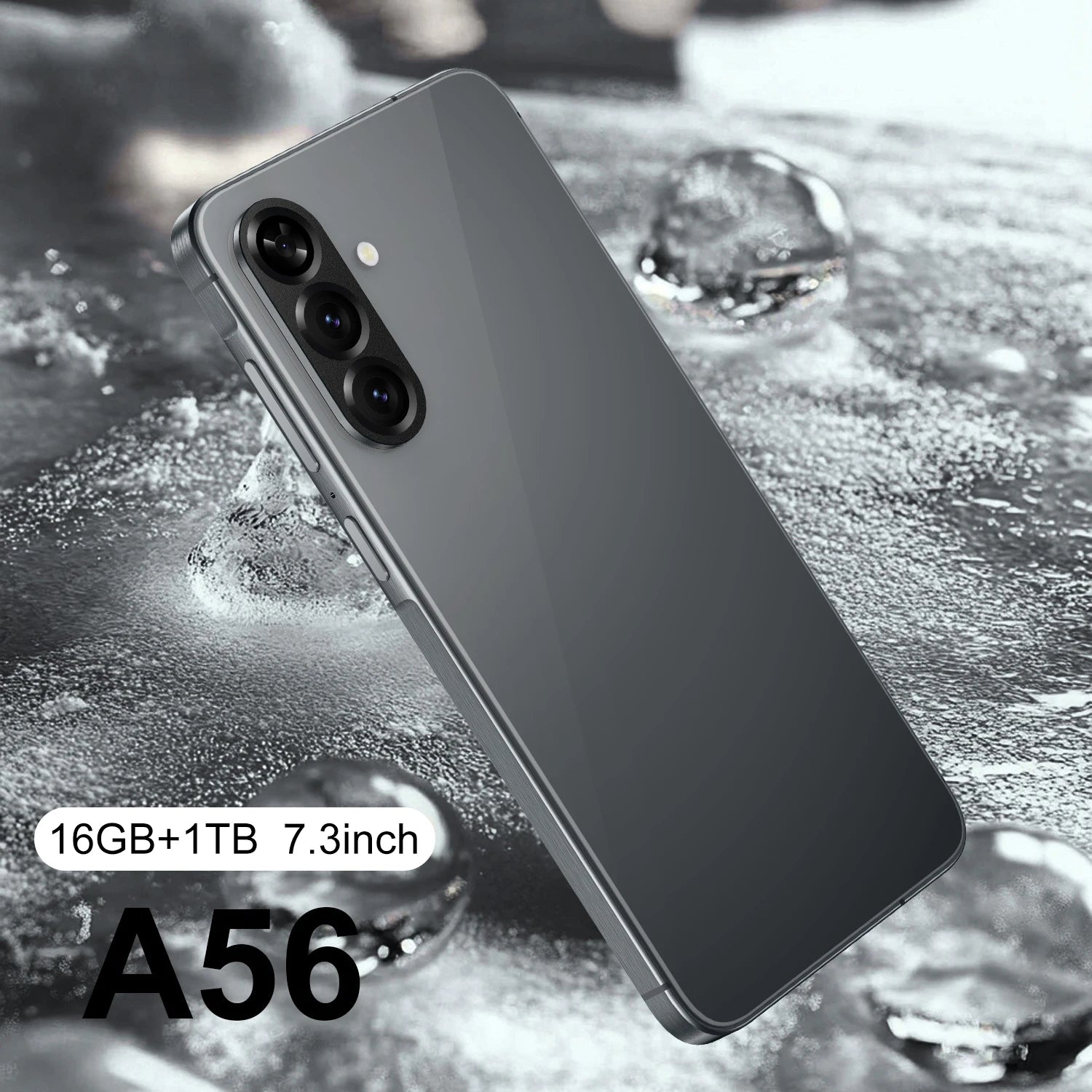 Tidesmit A56 5G side profile showing 7.3 inch HD display and sleek design with 108MP camera lens