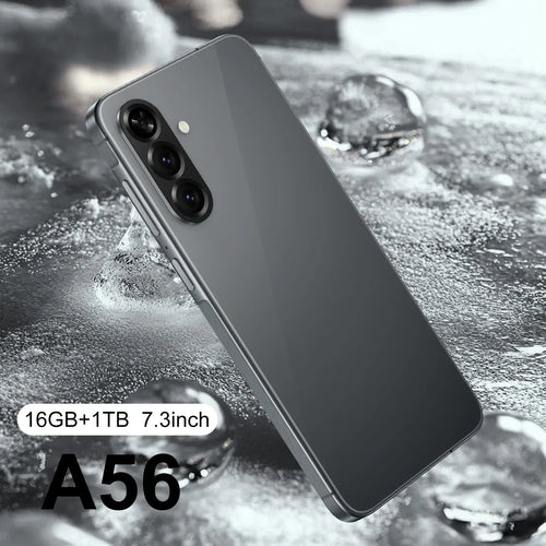 Dark gray smartphone with triple rear camera, angled front and back views