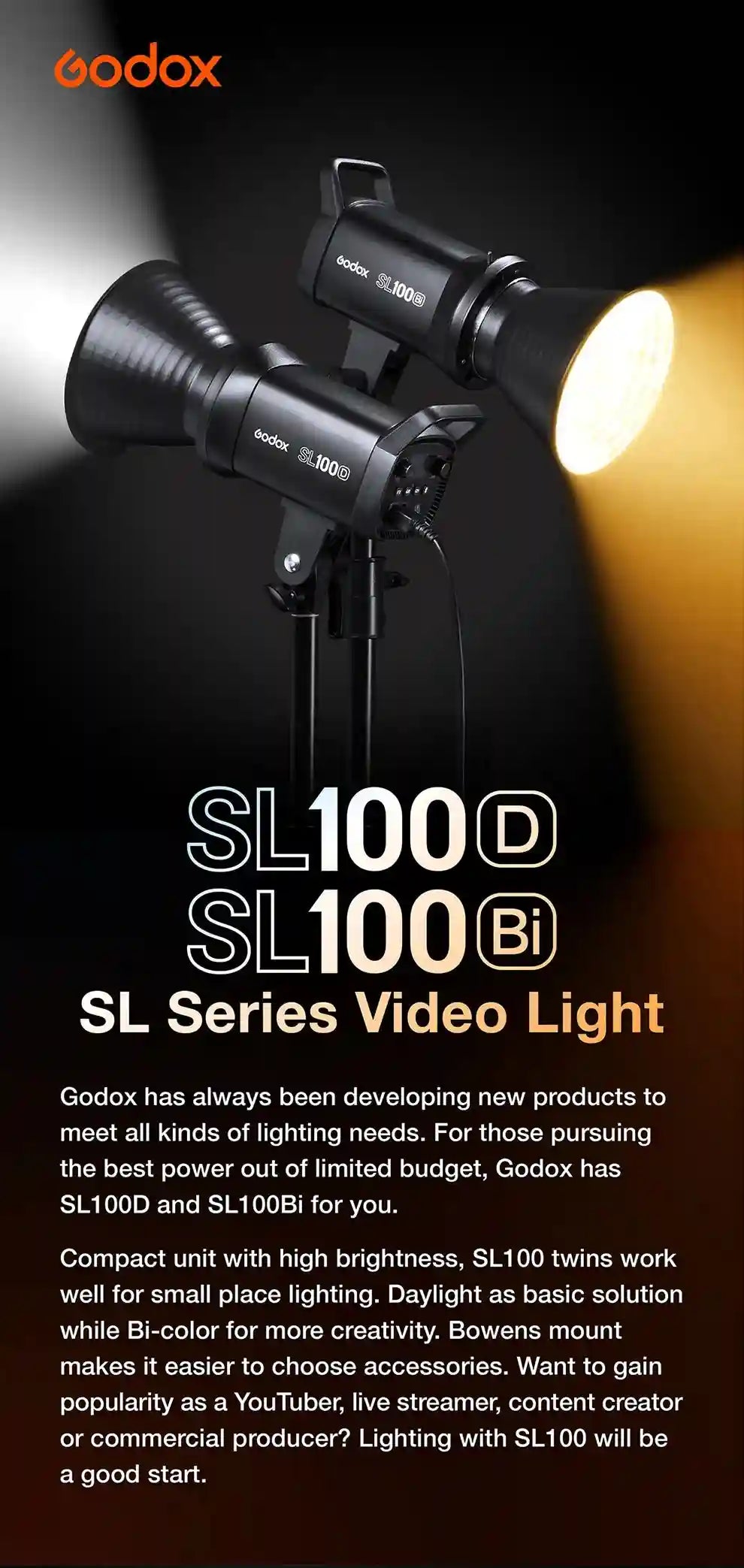 Godox SL100Bi Bi-Color LED Video Light - 100W Bowens Mount Studio Kit Tidesmit