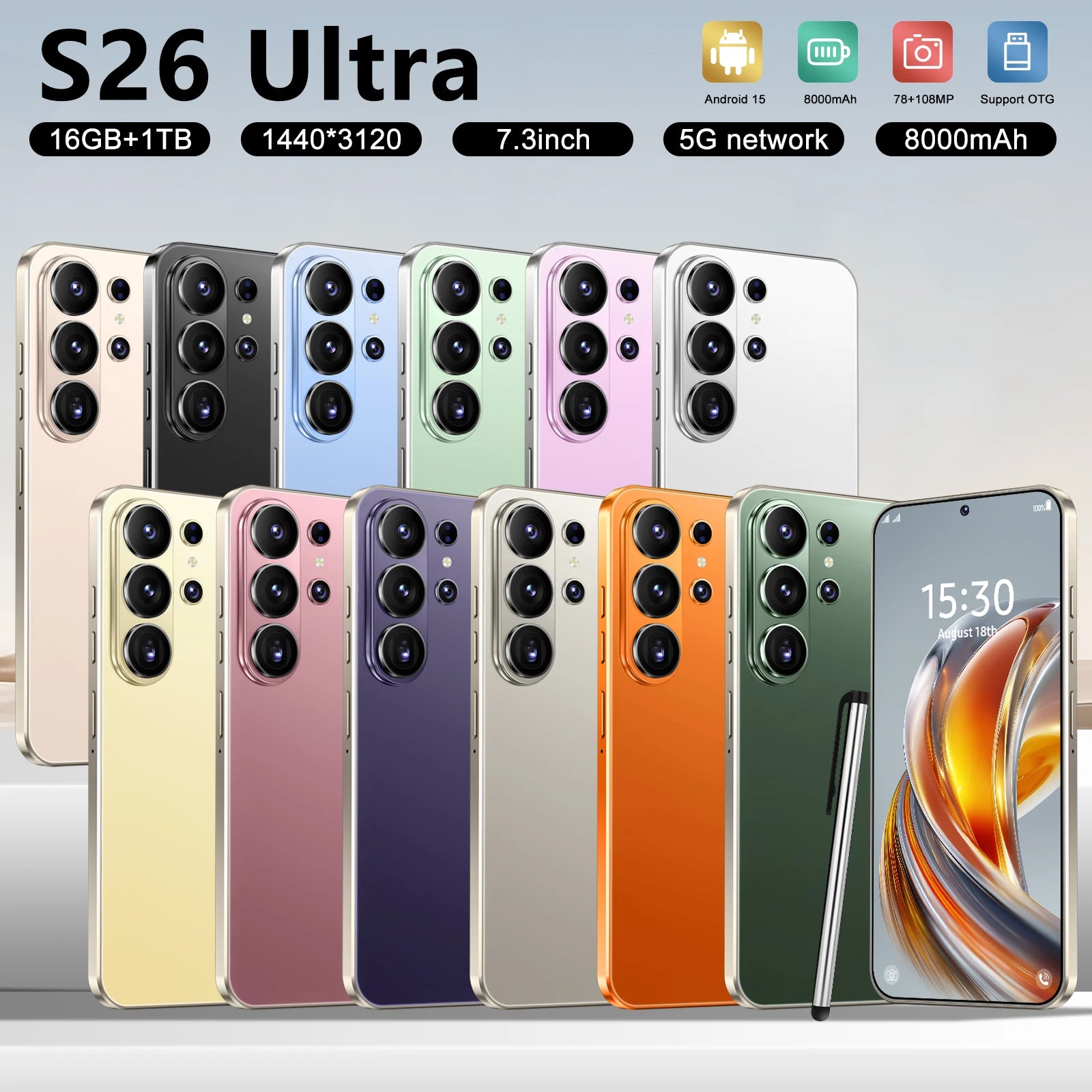 S26 Ultra smartphone 7.3 inch screen with 16GB RAM and 1TB storage, 5G Android mobile phone side profile view.