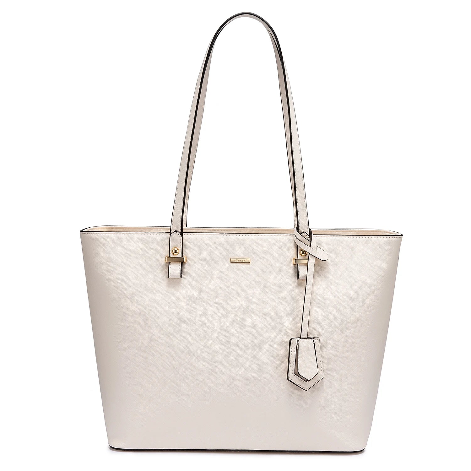 Elegant white PU leather designer tote bag with shoulder straps, gold hardware accents, and a matching charm.