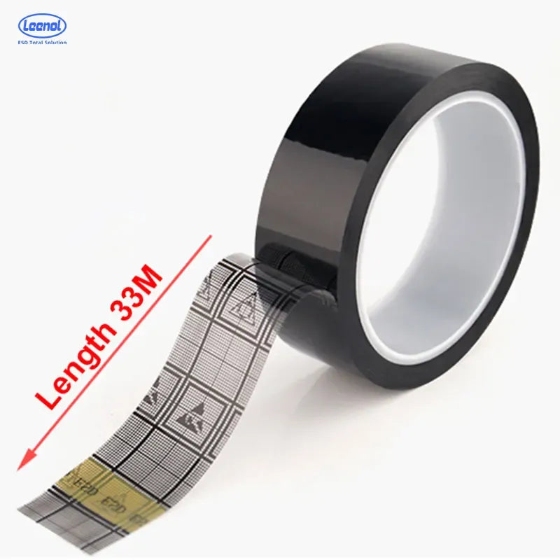 Black conductive ESD grid tape roll with gray and yellow grid pattern