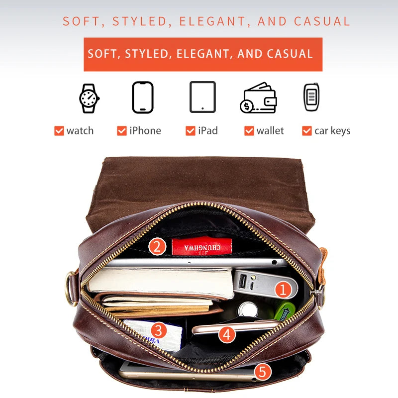 BULLCAPTAIN brown genuine leather messenger bag with multiple internal pockets for iPad, phone, and travel essentials.
