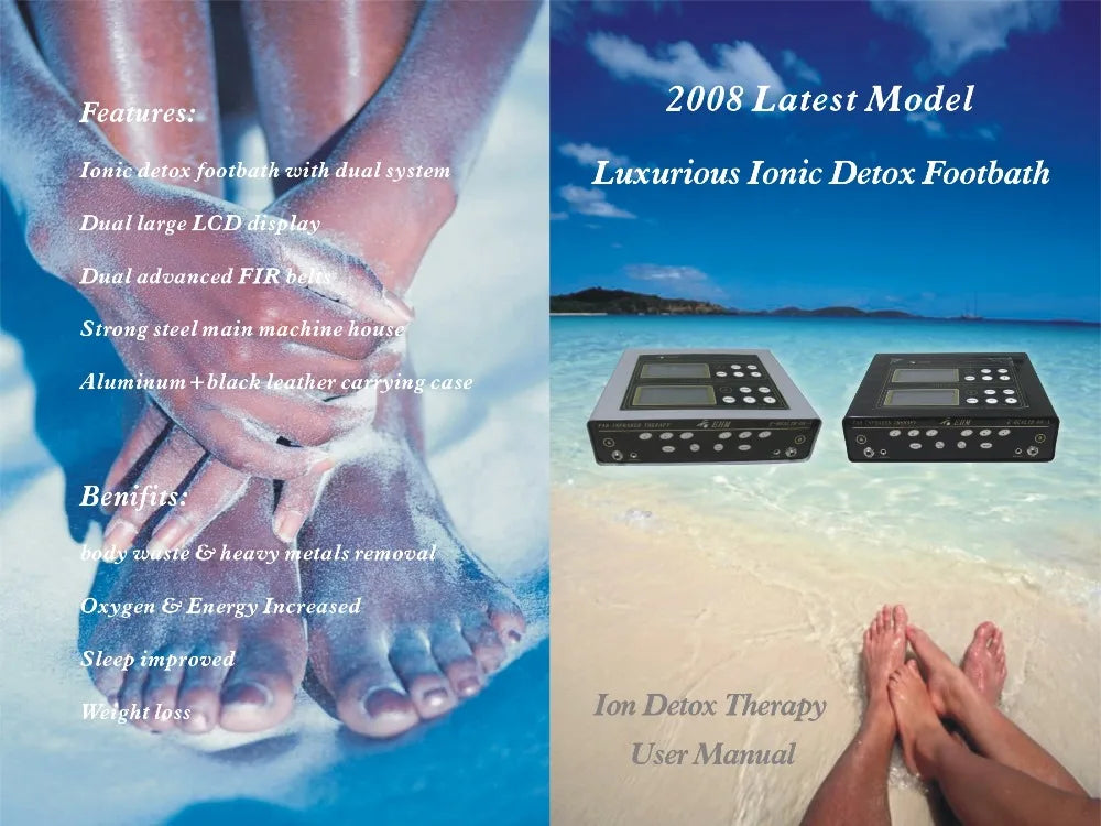 Dual ionic detox foot spa machine with LCD displays and far infrared belts for home body detoxification therapy.
