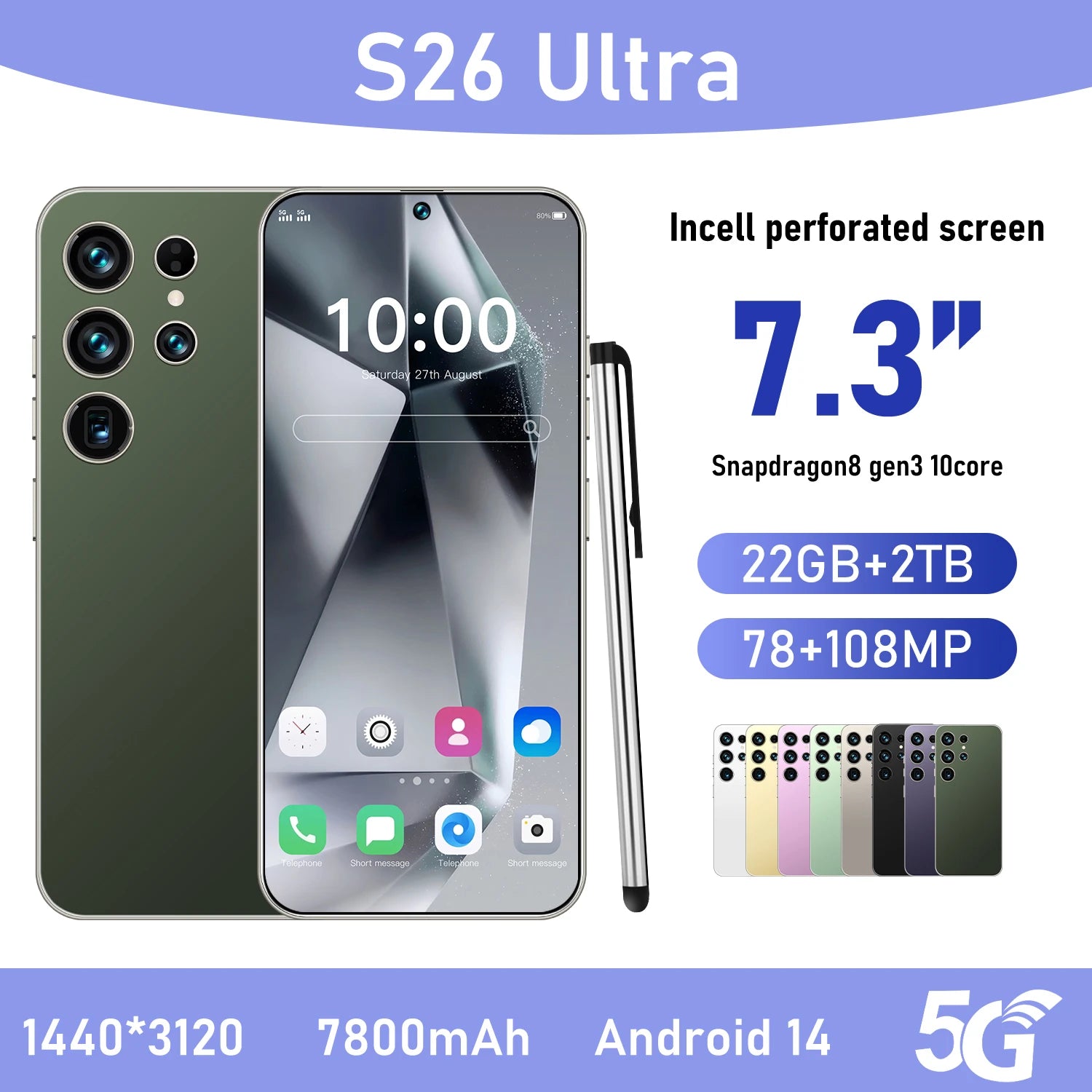 S26 Ultra smartphone back view featuring 108MP HD camera and sleek design for 22GB 2TB Android 15 mobile device
