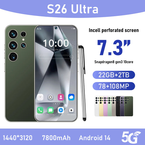 S26 Ultra smartphone back view featuring 108MP HD camera and sleek design for 22GB 2TB Android 15 mobile device