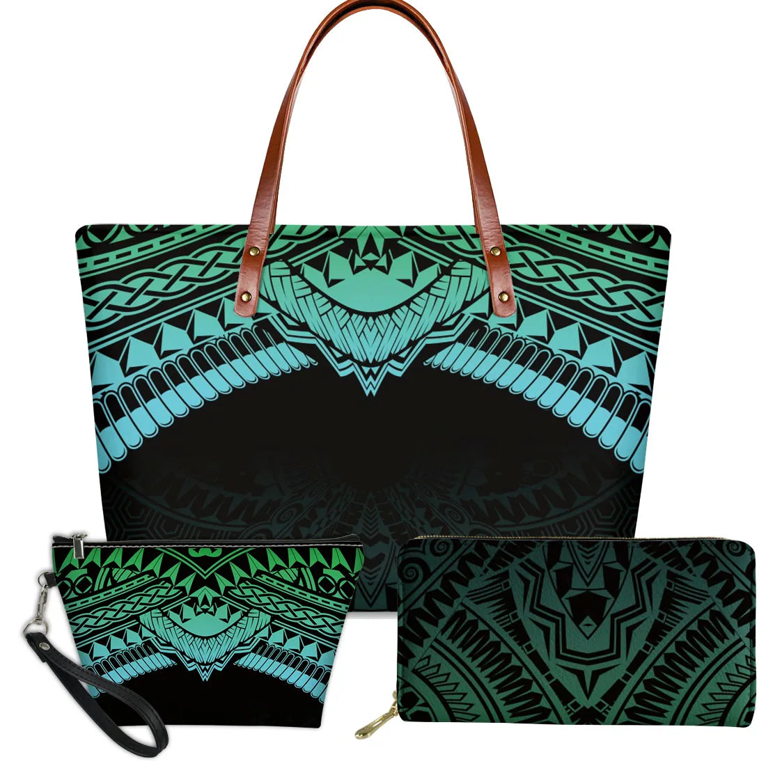 3-piece handbag set featuring teal and black Polynesian tribal turtle pattern with brown leather straps and zip purses.