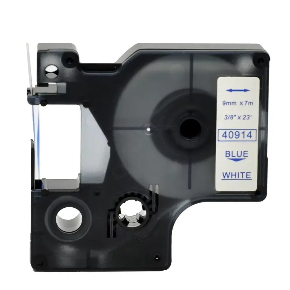 9mm label tape cassette with blue on white tape, 7m roll, D1-compatible DM1