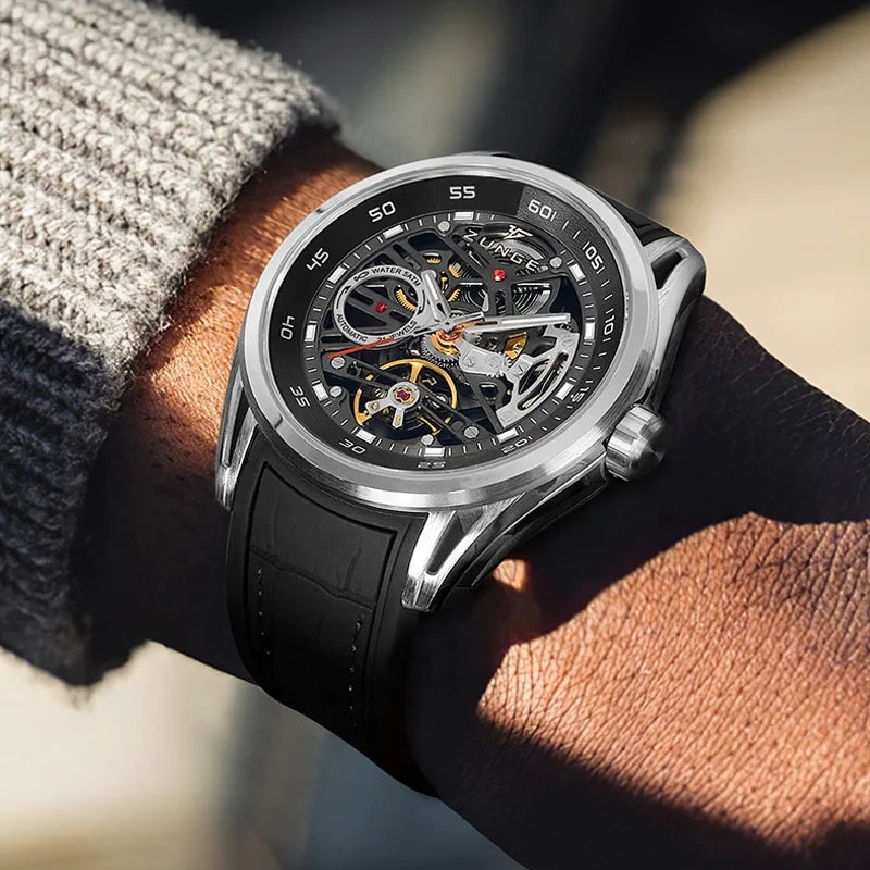 Luxury Fully Automatic Hollow Dial Mechanical Men's Watch Multifunctional Luminous Leather Strap Fashionable Business Watch