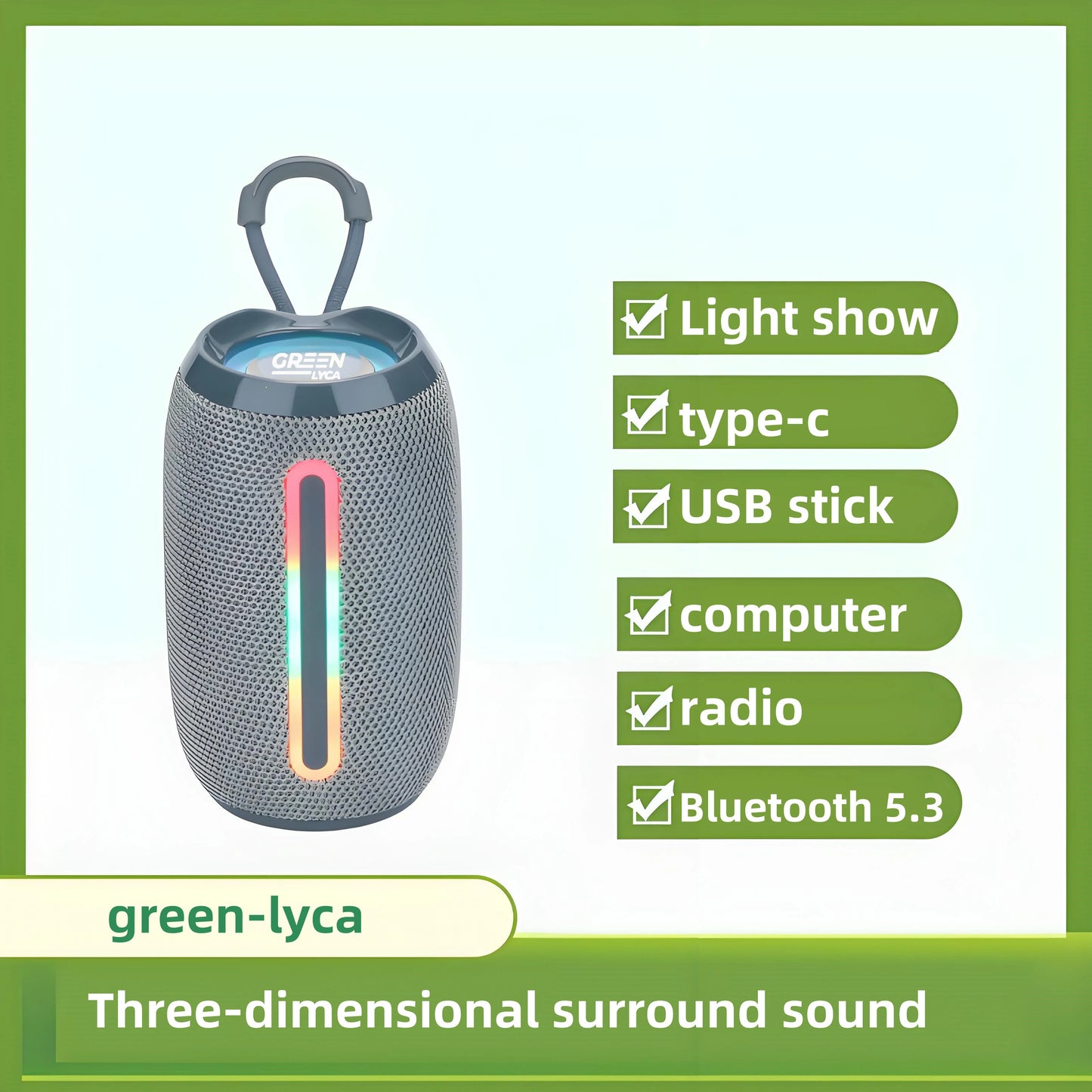 Bluetooth Speaker -Green-Lyca Small Portable Wireless for Bluetooth Desktop Subwoofer Active Desktop Speaker RGB LED Cylindrical Design Gift