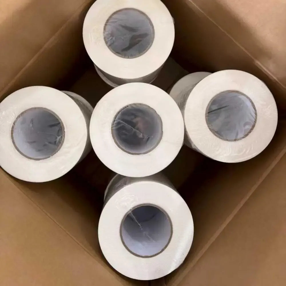 Set of white PE shrink wrap repair tape rolls, multiple rolls in view